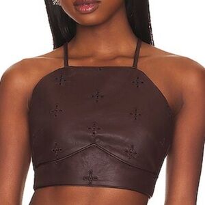 Tularosa Embroidered Faux Leather Top in Chocolate Brown